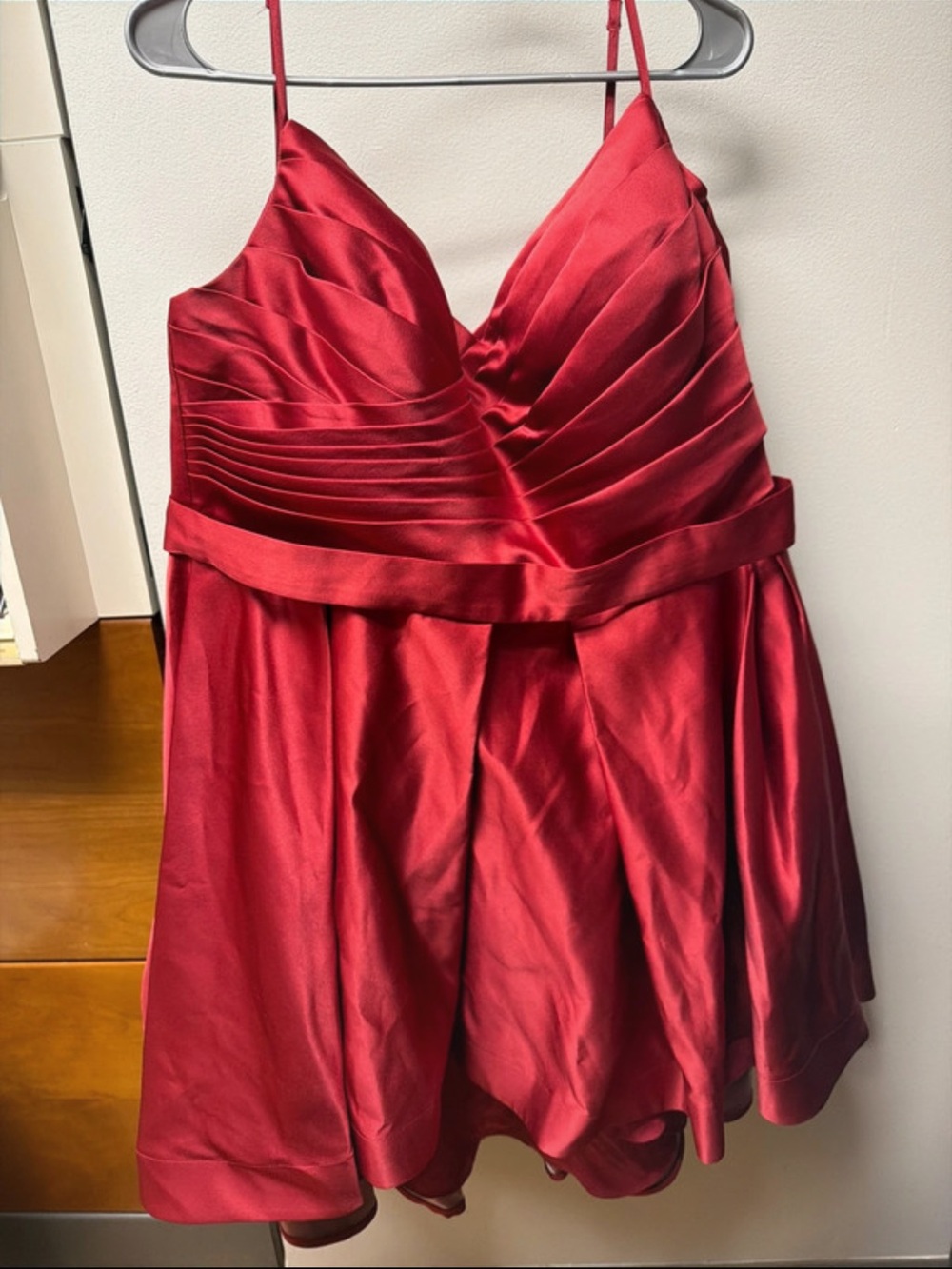 JJs House Red Satin Mini Dress with Pleated Bodice